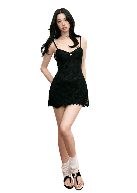 White Bow Lace Cinched Waist Mini Dress
