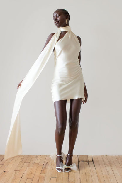 Backless Halter Satin Mini Dress
