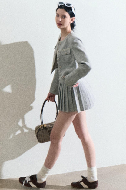 Grey Pleated Preppy School Blazer and Skirt Set