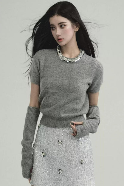 Layered Look: Pearl-trimmed Cropped Sweater With Detachable Arm Warmers