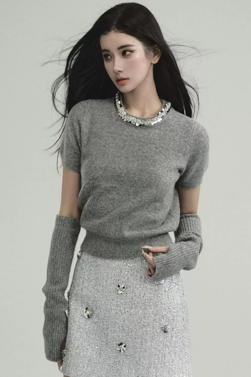 Layered Look: Pearl-trimmed Cropped Sweater With Detachable Arm Warmers