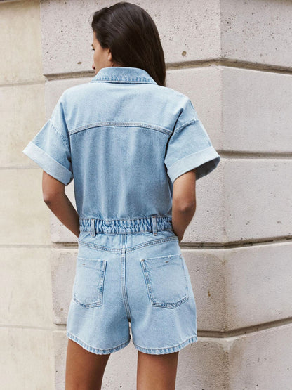 Mini Denim Cuffed-romper-blue
