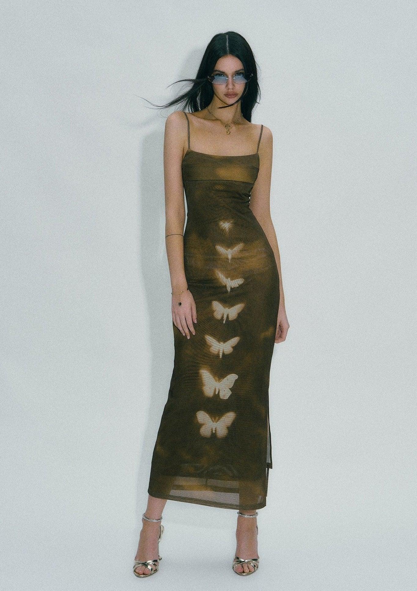Double-layer Mesh Butterfly Printed Slip Dress