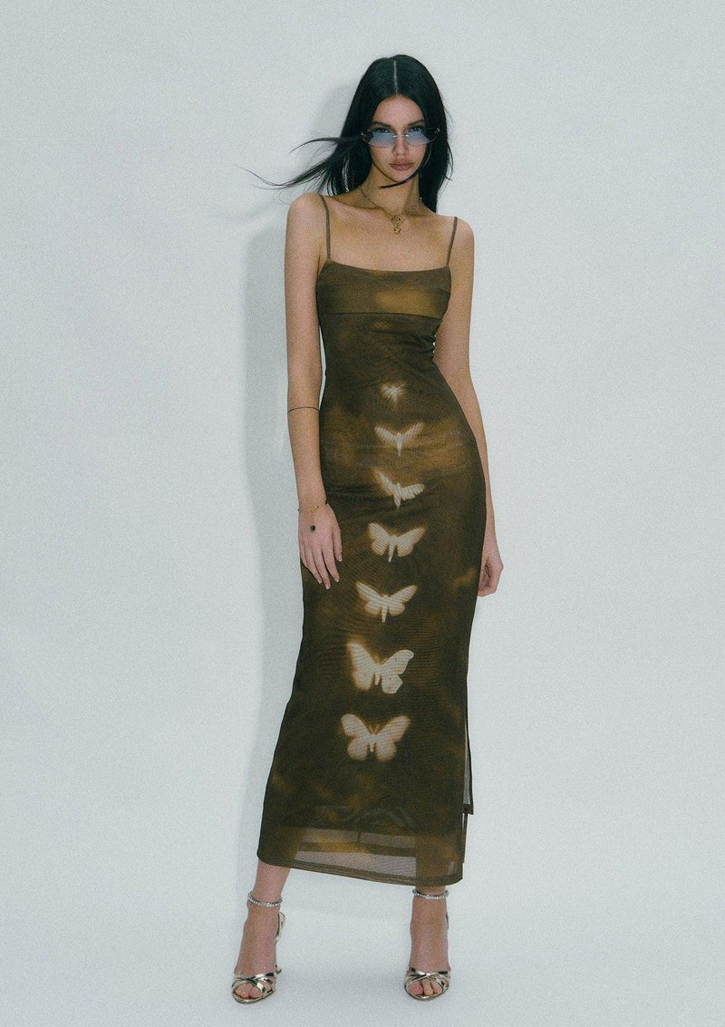 Double-layer Mesh Butterfly Printed Slip Dress