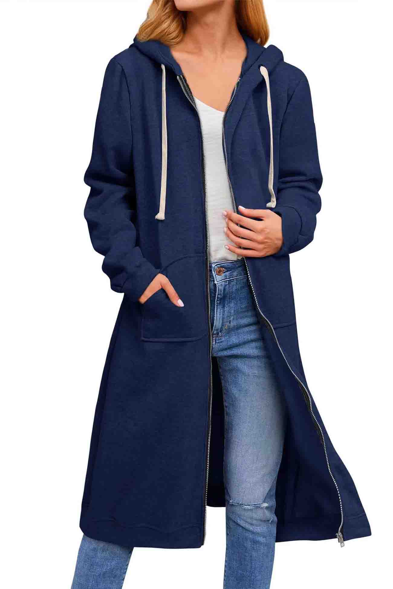 Zip Up Drawstring Hooded Long Cardigan