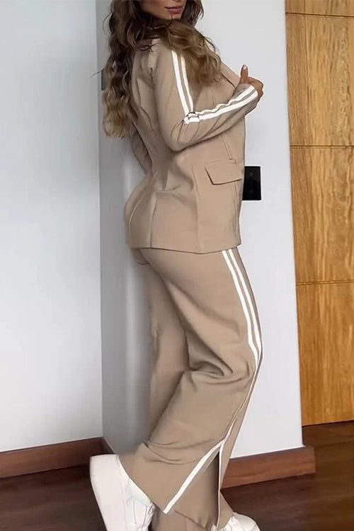 Color Block Open Front Blazer Elastic Waist Slit Wide Leg Pants Set
