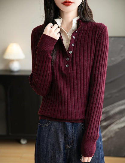 Merino Wool Blend Color Block Stand Collar Sweater
