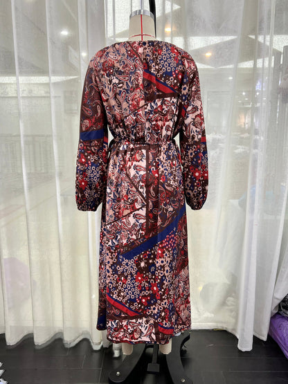 Print Round Neck Lace Up Maxi Dress