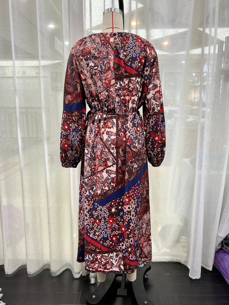 Print Round Neck Lace Up Maxi Dress