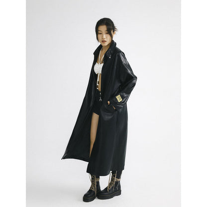 Black Leather Hooded Coat With Oversized Zipper