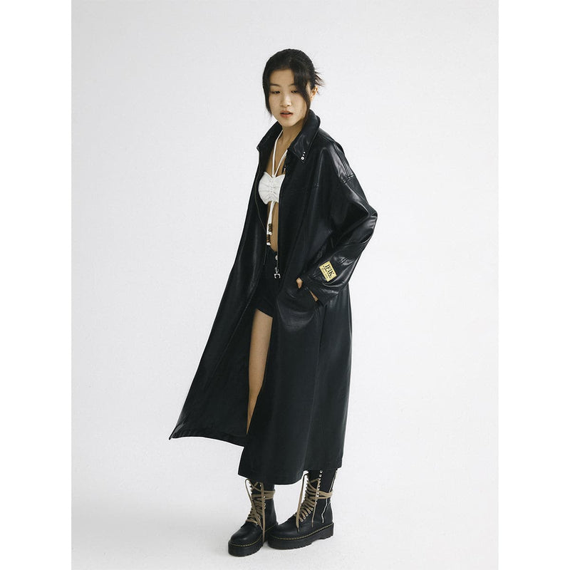 Black Leather Hooded Coat With Oversized Zipper