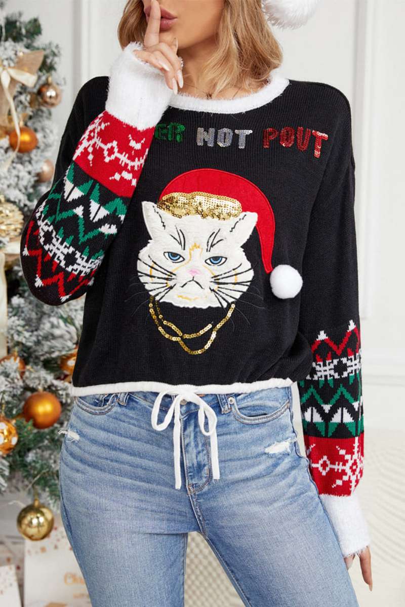 Round Neck Cat Embroidery Sequin Sweater