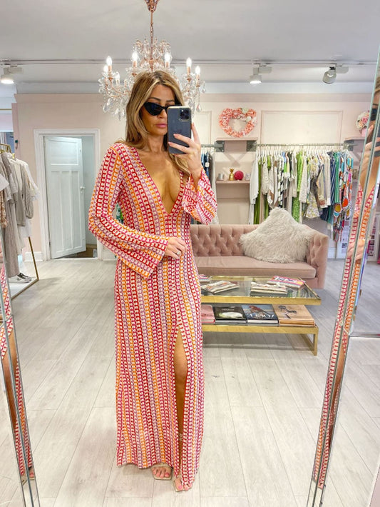 V Neck Bell Sleeve Wavy Striped Crochet Beach Vacation Maxi Dress - Red