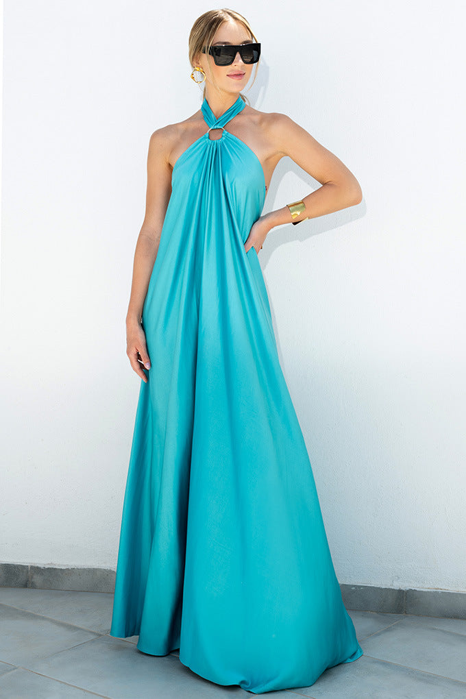 Satin Maxi Long Dress: Backless Halter Neck