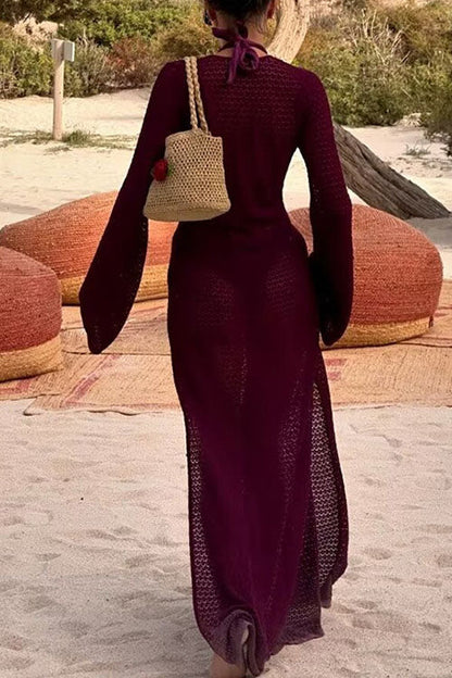 V Neck Side Slit Crochet Beach Cover Up Maxi Dress