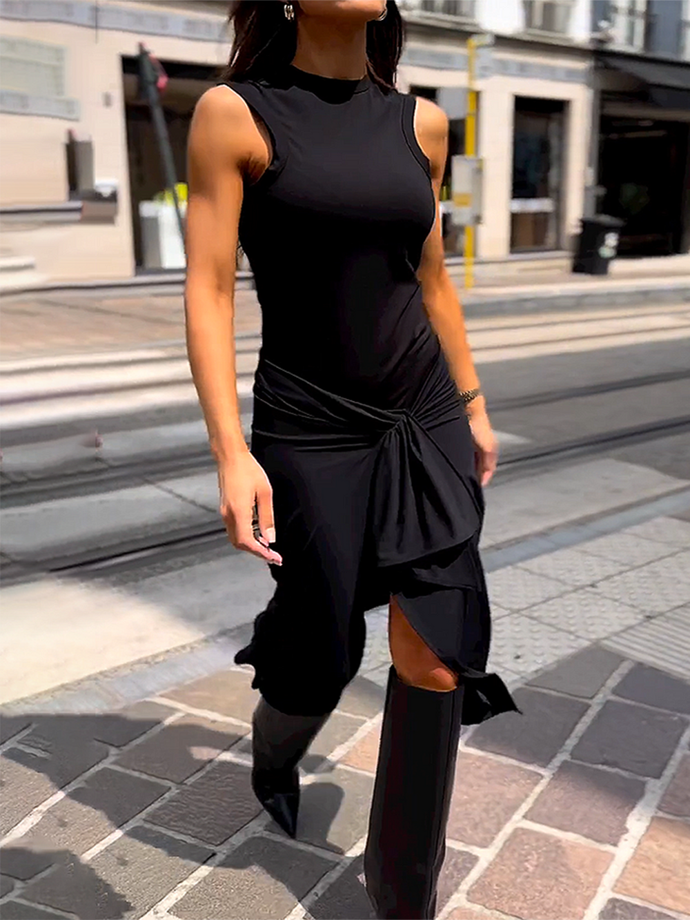 Round Neck Sleeveless Tie Color Dress