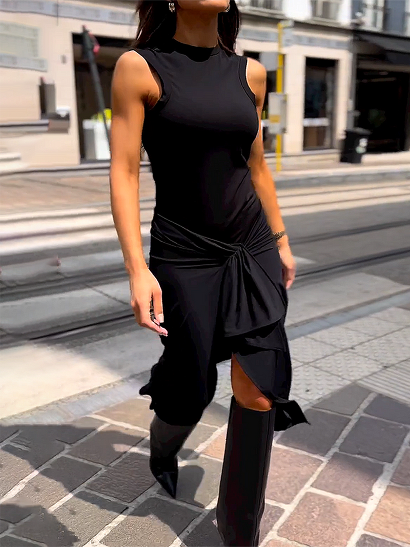 Round Neck Sleeveless Tie Color Dress