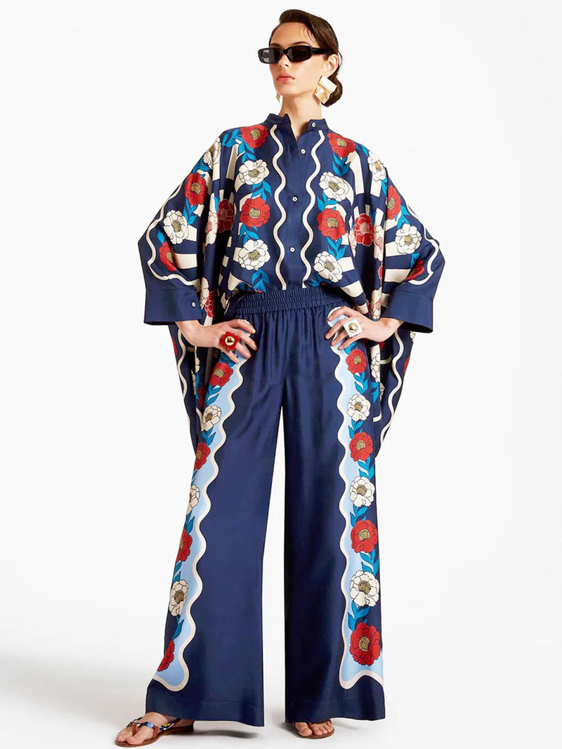 Fine Satin Print Batwing Sleeve Pants Set - Blue
