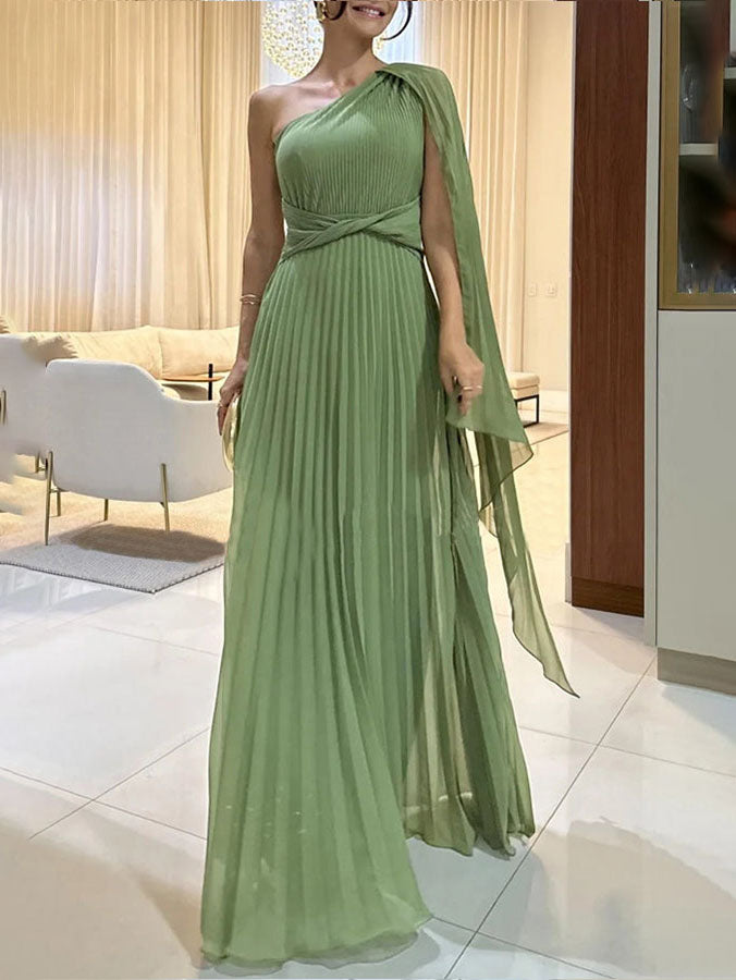Flowing Pleated Off-the-shoulder Maxi Dress
