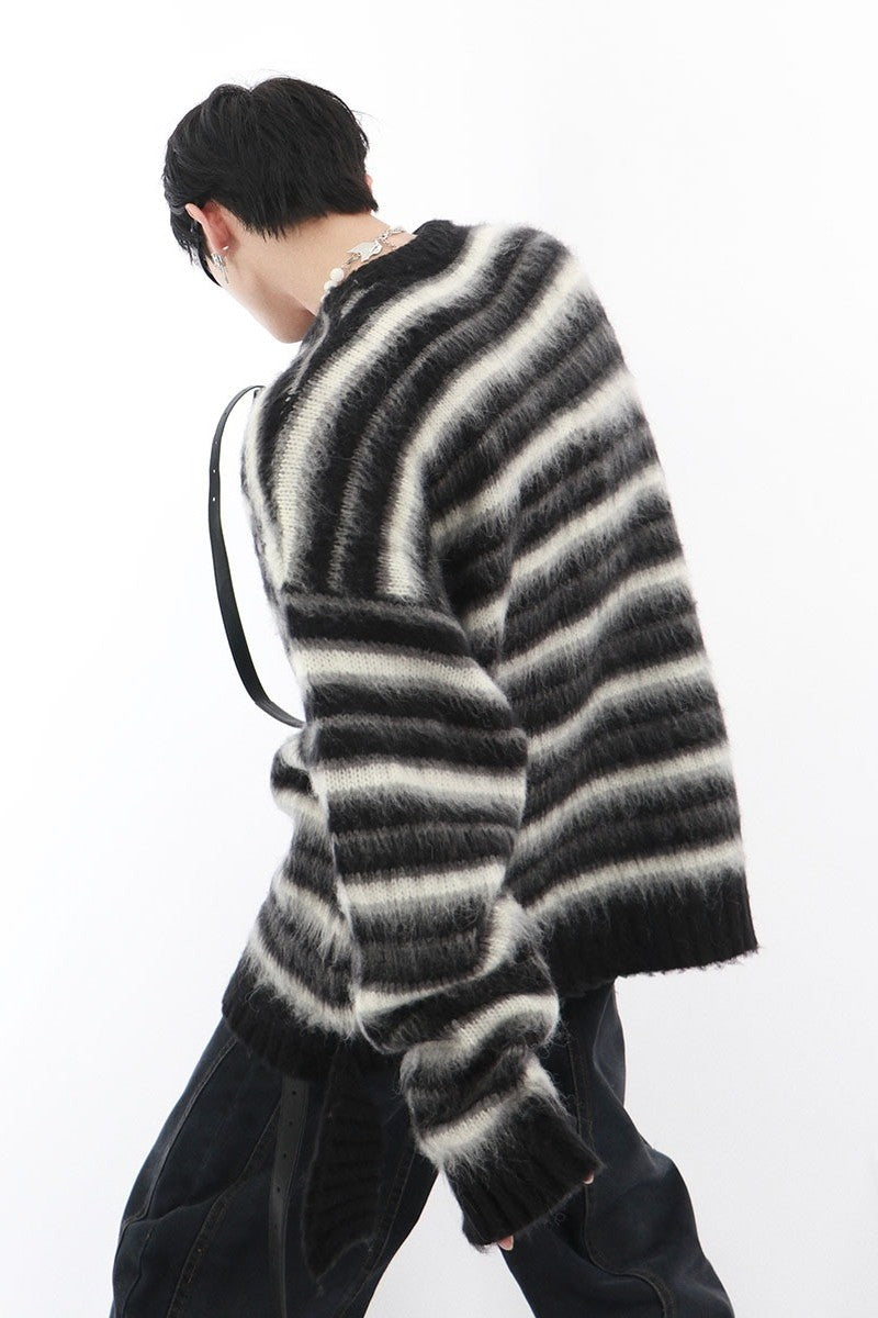 Striped Mohair Cable Knit Sweater
