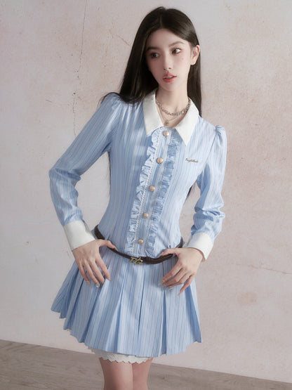 -inspired Ruffled Chambray Mini Dress With Belt