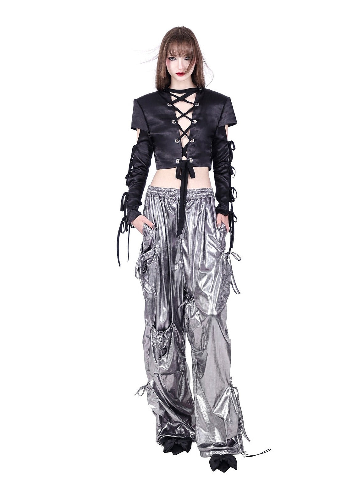 Pinkspink Metallic Cargo Balloon Pants - Silver/hot Pink