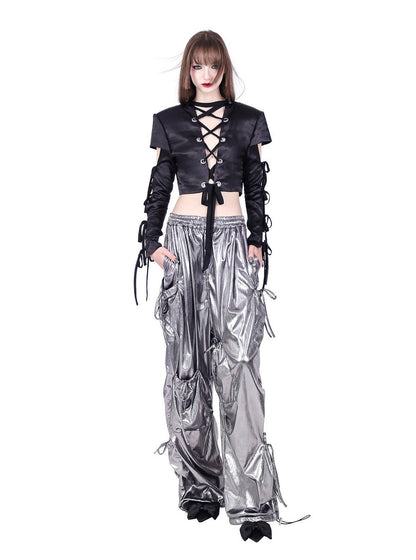 Pinkspink Metallic Cargo Balloon Pants - Silver/hot Pink