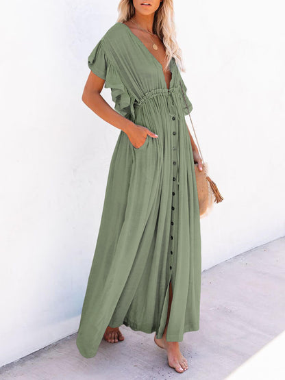 Button Cotton Linen Perfect Beach Maxi Dress