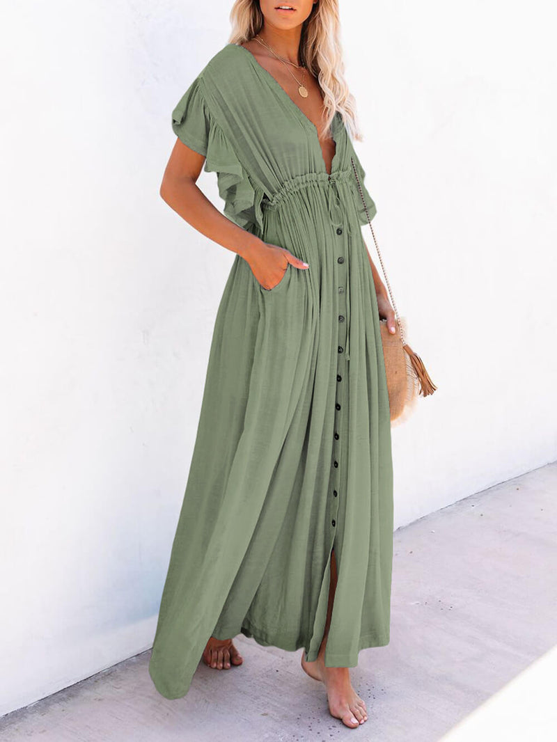 Button Cotton Linen Perfect Beach Maxi Dress