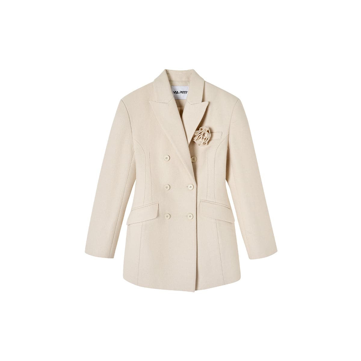 Cream Woolen Double-breasted Coat