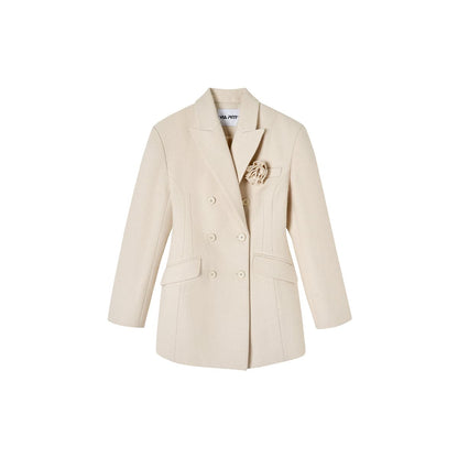Cream Woolen Double-breasted Coat
