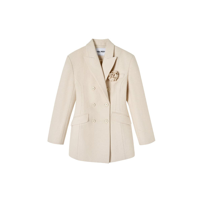 Cream Woolen Double-breasted Coat