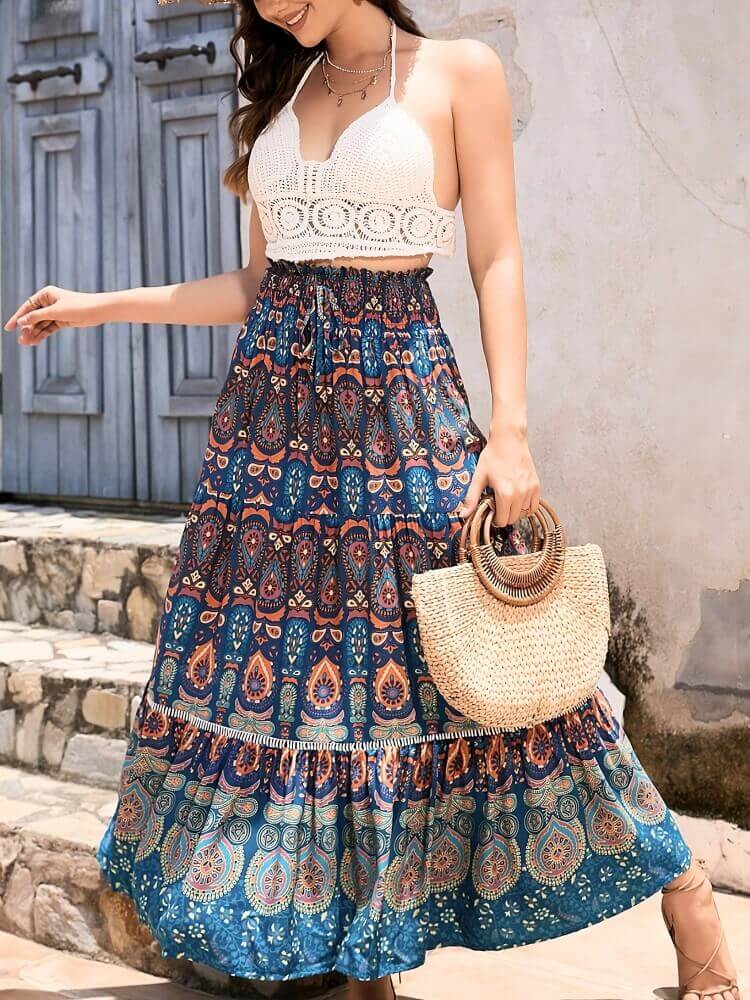 Shirred High Waist Skirt in Brown