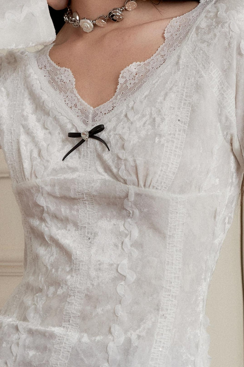 Lace-trimmed Velvet Blouse and Skirt Set-up