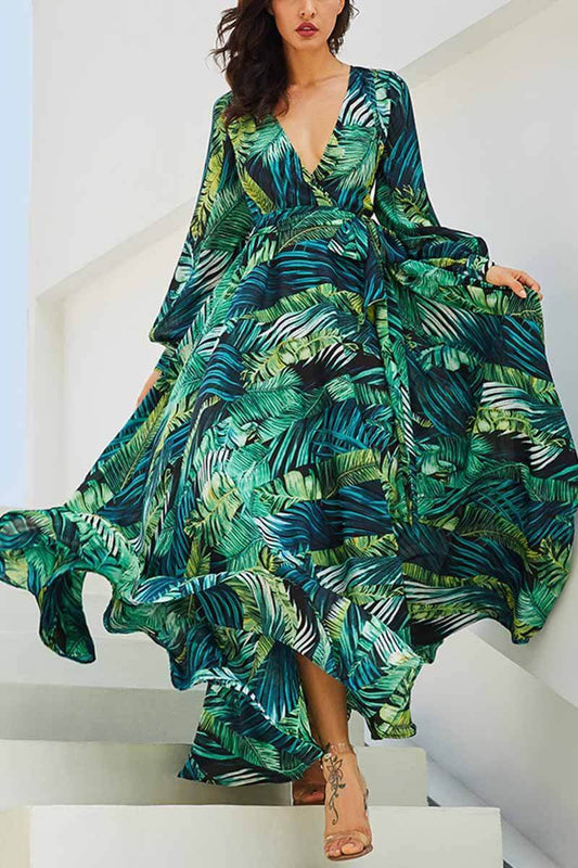 V-neck Leaf Print Maxi Dress