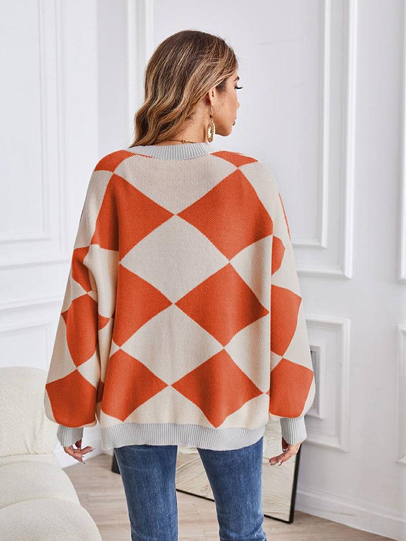 V-neck Geometric Color Block Knit Cardigan
