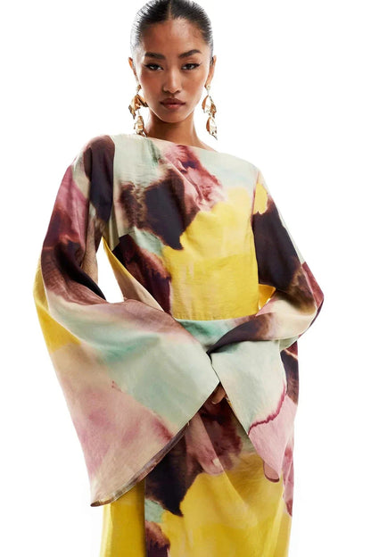 Abstract Watercolor Print Ultra-long Dress