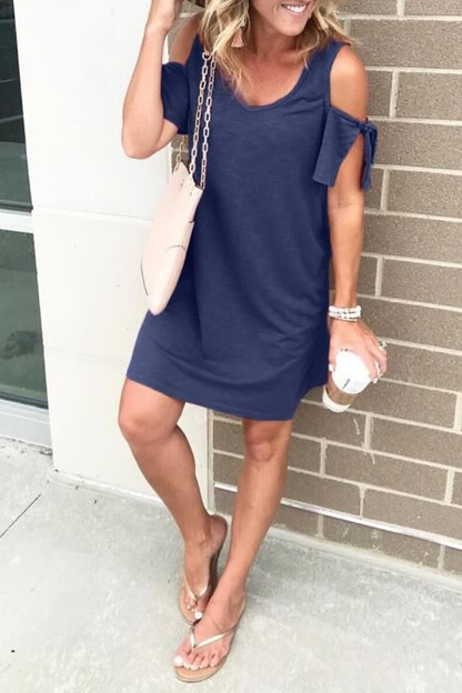 Dew Shoulder Round Neck Mini Dress (4 Colors)