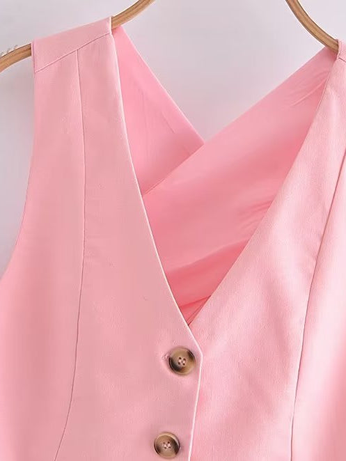 Crop Waist Vest Coat & Wide Leg Pants Coord Set