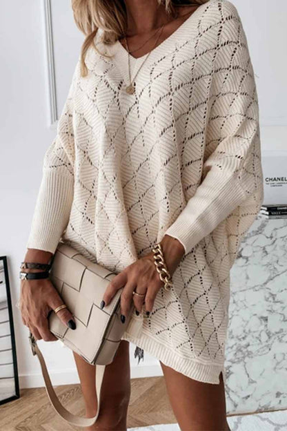 V-neck Color Hollow Bat Sleeve Sweater