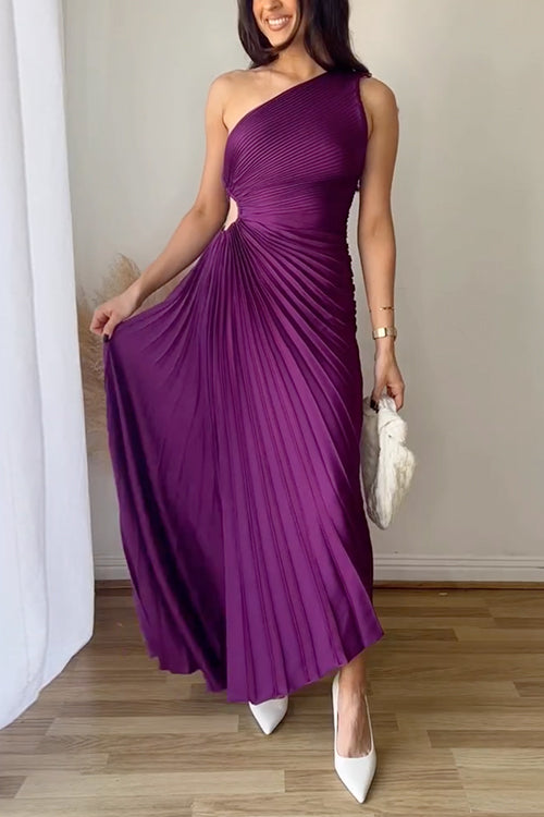 One Shoulder Cut Out Waist Pleated Maxi Dress