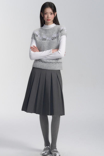 Grey Patterned Layered Knit Blouse Set-up