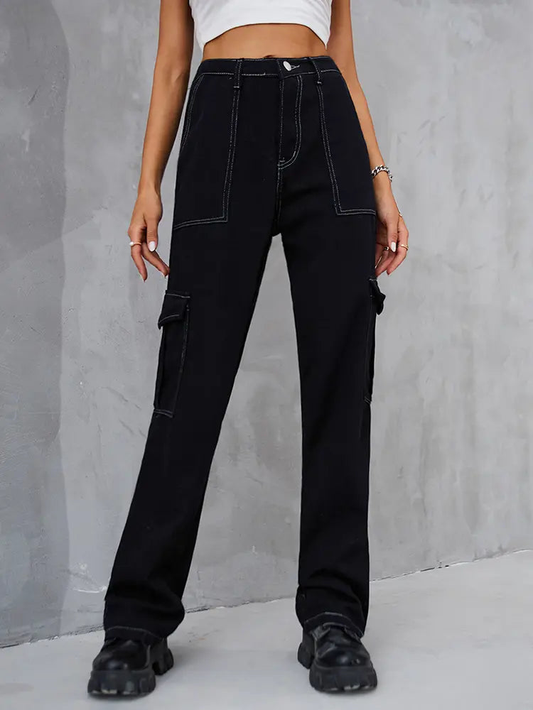 Elastic Waist Relaxed Fit Denim Cargo Pants
