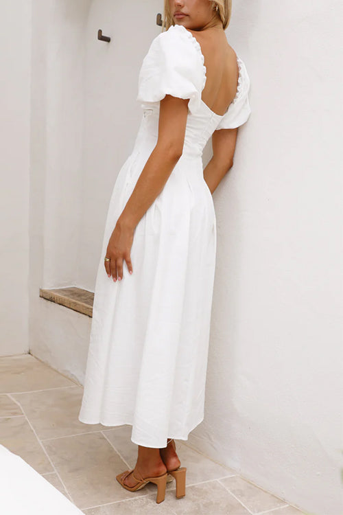 V Neck Twist Front Puff Sleeves Cut Out Maxi Dress