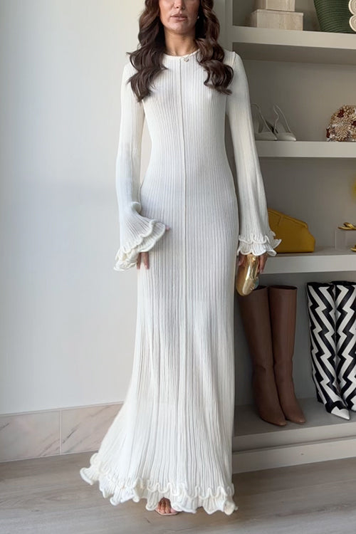 Bell Sleeves Back Lace-up Ruffle Trim Maxi Dress