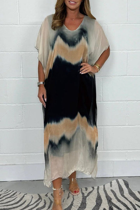 Tie-dye V-neck Short-sleeved Loose Maxi Dress