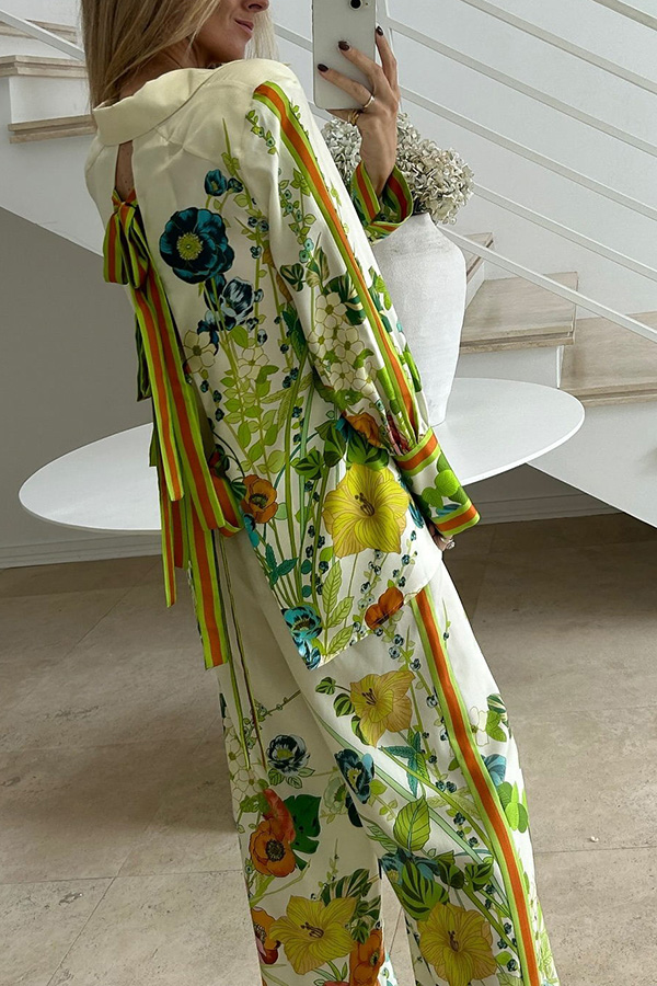 Satin Print Back Tie-up Button Down Oversized Blouse