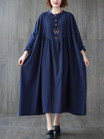 Loose Puff Sleeves Pleated Color Stand Collar Midi Dresses