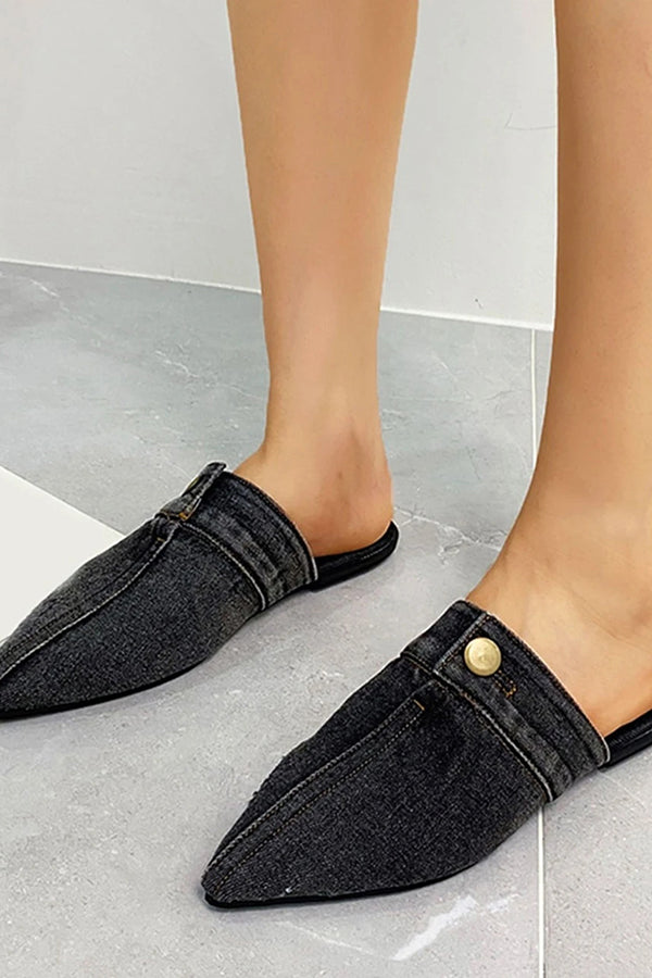 Flat Pointed Toe Denim Slippers