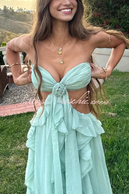 Vacation Halter Rose Detail Cut Out Ruffles Backless Maxi Dress